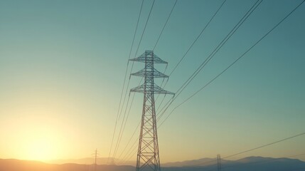 Detailed shot of an electricity transmission tower with power lines extending into the distance, highlighting the structural complexity and scale of the infrastructure.