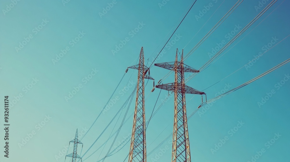 Poster detailed shot of high-voltage power lines and electrical cables stretching across a clear blue sky, 