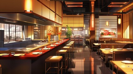 This stylish anime kitchen features modern furnishings, warm lighting, and an inviting atmosphere for dining experiences