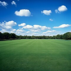 Fototapeta premium Expansive polo field with tall goalposts standing in place ready for an exciting game of polo The lush green turf stretches out leaving ample open space for the upcoming match