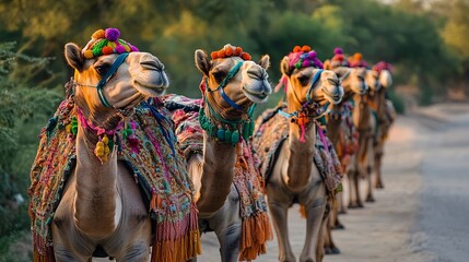 Fototapeta premium Camels with traditional dresses waiting beside road for tourists for camel ride at Thar desert Rajasthan India Camels Camelus dromedarius are desert animals who carry tourists on their : Generative AI