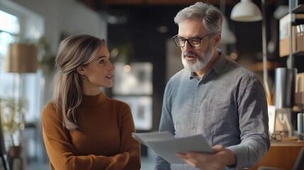 Interior designer giving advice to client selecting design elements for new interior renovation project : Generative AI