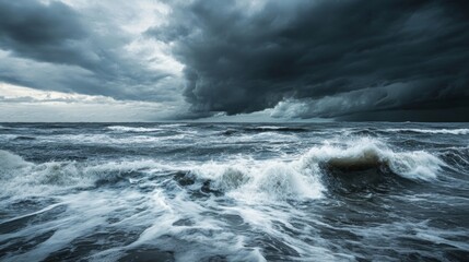 Obraz premium Detailed shot of storm clouds rolling in over a coastal area, with choppy waves and darkening skies, capturing the impending summer storm at sea.