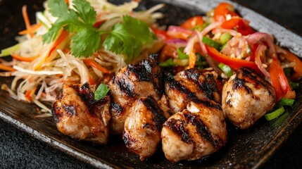 Fototapeta premium Detailed shot of succulent grilled chicken pieces served alongside a tangy and spicy papaya salad, highlighting the fresh ingredients and appetizing presentation.
