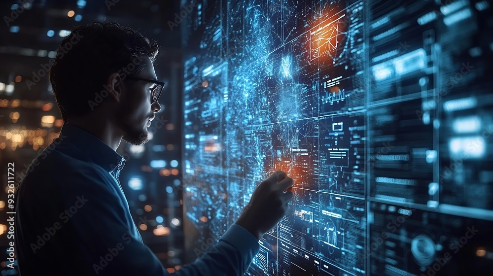 Poster Ai Businessman working with modern interface Business analytics Big data technology and data science Data flow conceptBusiness computing digital composite : Generative AI