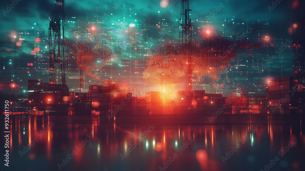 Poster World map with logistic network distribution on background Logistic and transport concept in front Container Cargo freight ship for Concept of fast or instant shipping Online goods ord : Generative AI