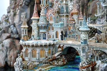 Obraz premium ai generative miniature model of a castle on the edge of a cliff