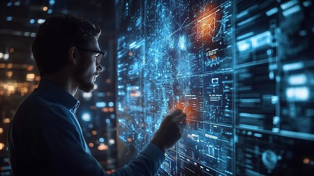 Ai Businessman working with modern interface Business analytics Big data technology and data science Data flow conceptBusiness computing digital composite : Generative AI