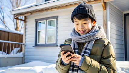 Boy using smartphone in the snow.