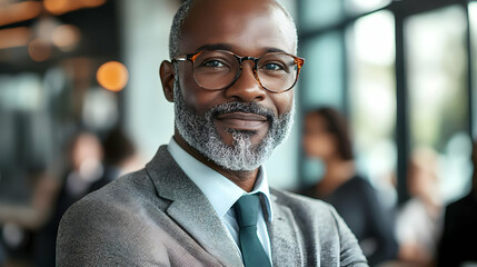 Fototapeta premium A confident man in a suit smiling in a professional setting.