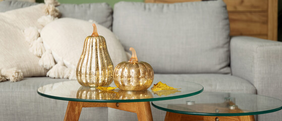 Decorative pumpkins with autumn leaves on table in living room