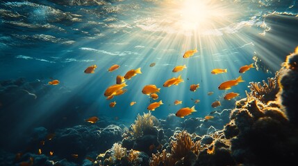 Fototapeta premium Underwater Background Point of View from Underwater Diving Natural Sun Ray Indo Pacific Ocean Southeast Asia : Generative AI