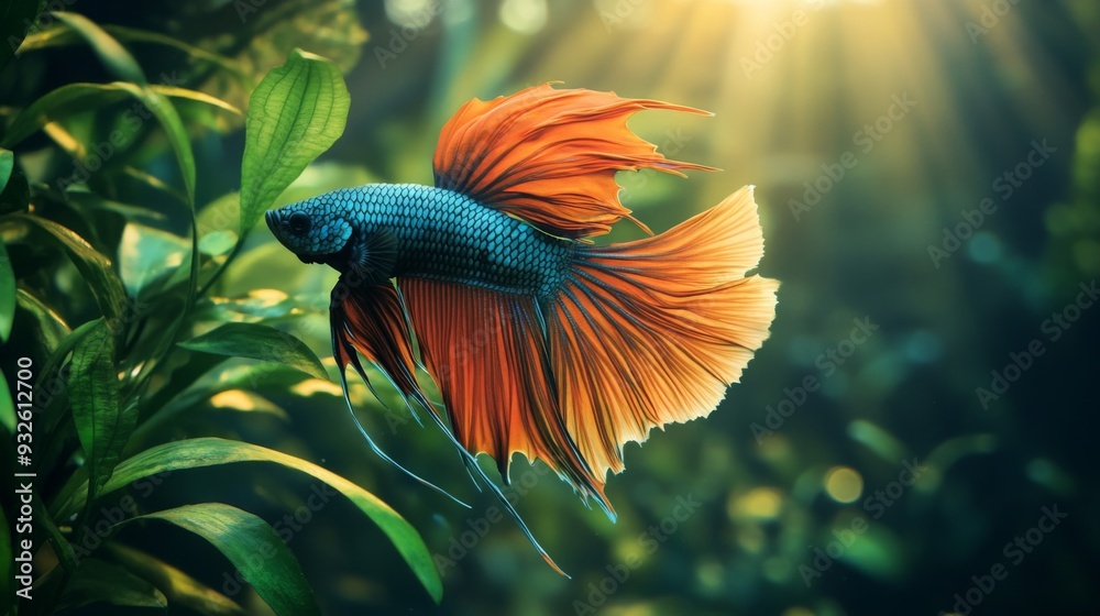 Poster detailed view of a majestic betta fish with a full display of its colorful fins and dynamic posture,