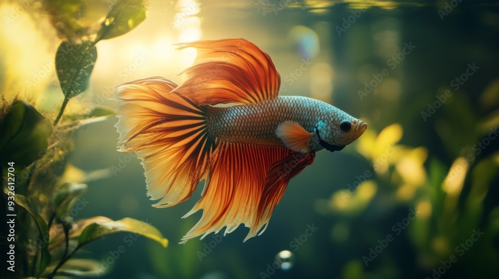 Poster Detailed view of a majestic Betta fish with a full display of its colorful fins and dynamic posture, set against a lush underwater plant backdrop.