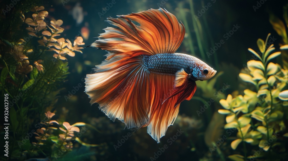 Poster detailed view of a majestic betta fish with a full display of its colorful fins and dynamic posture,