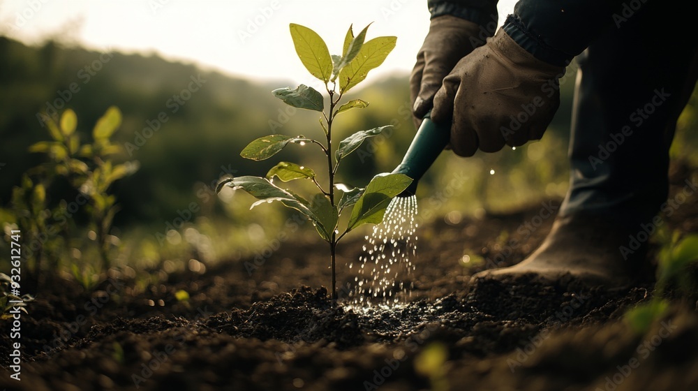 Poster detailed view of a person watering a newly planted tree, with droplets of water visible and a focus 