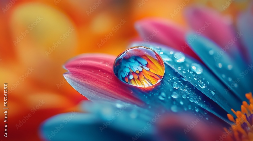 Aufkleber detailed view of a single water droplet perched on a flower petal, reflecting the surrounding colors