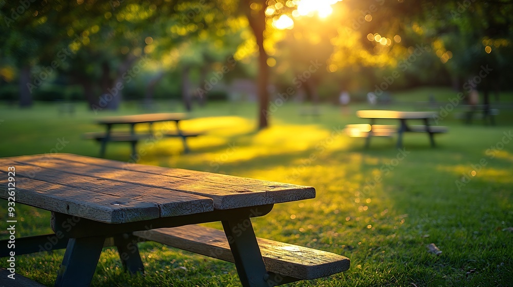 Poster park picnic table bench rest relax outdoors benches and tables on green grass in recreational area :