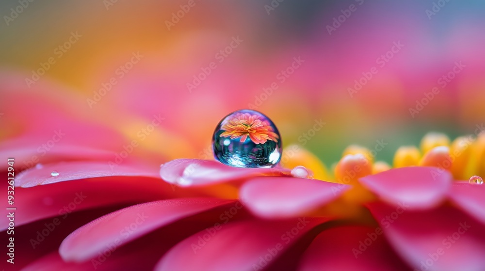 Aufkleber detailed view of a single water droplet perched on a flower petal, reflecting the surrounding colors