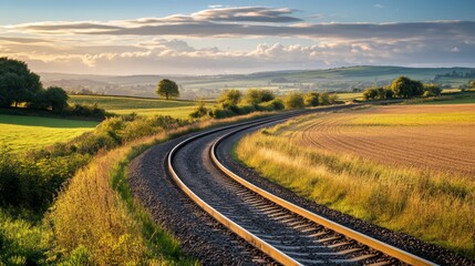 Naklejka premium Detailed view of a railway track curving through a scenic countryside, with emphasis on the tracks, surrounding fields, and distant hills.