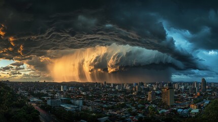 Fototapeta premium Detailed view of a summer storm with torrential rain and thunderclouds, showing a cityscape affected by the heavy weather and darkening skies.