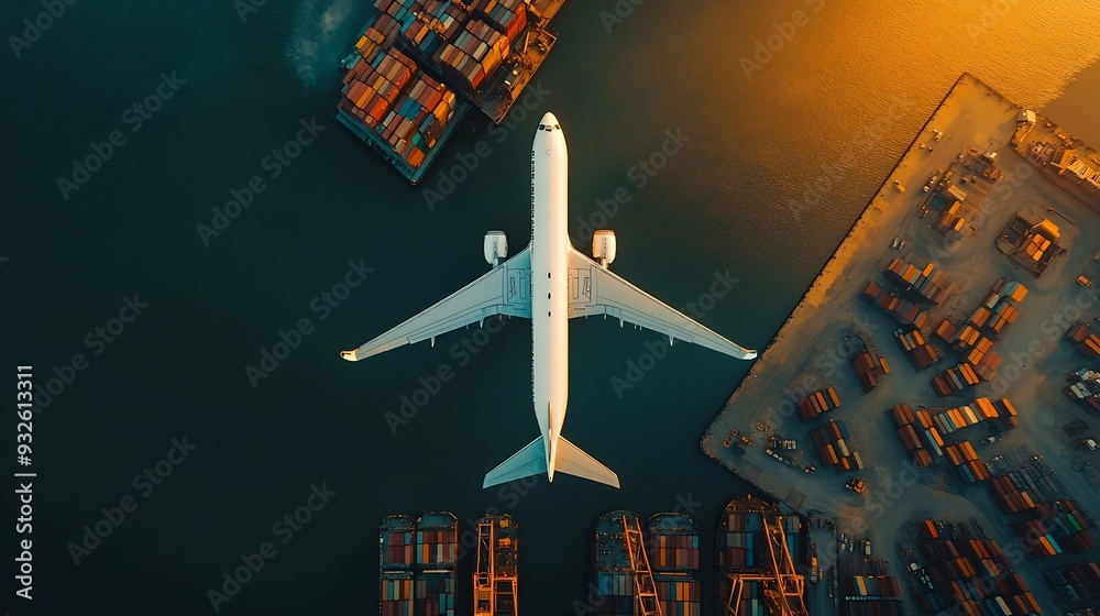 Aufkleber aerial view and top view cargo plane flying above ship port in the export and import business and sm