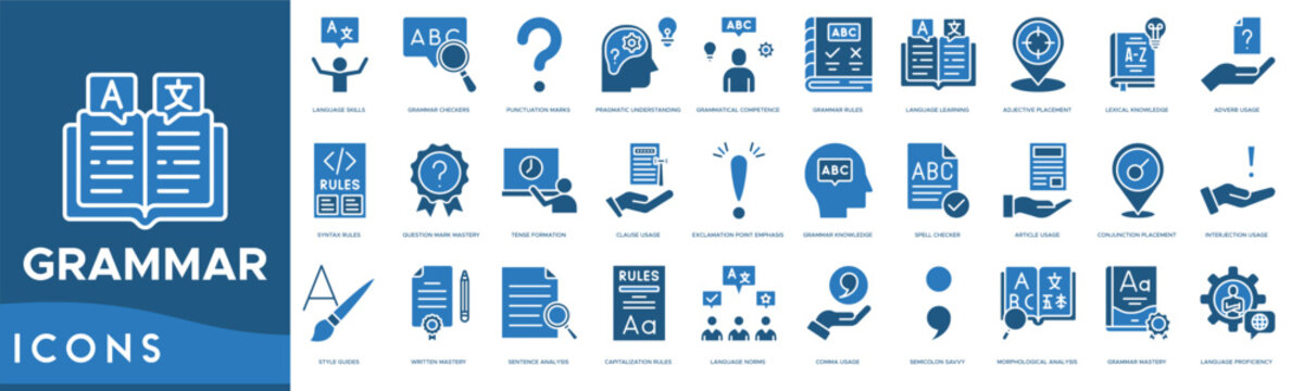 Grammar icon. Language Skills, Grammar Checkers, Punctuation Marks, Pragmatic Understanding and Grammatical Competence