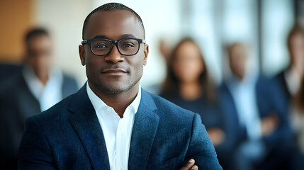 Fototapeta premium A confident man in glasses, standing in a professional setting.