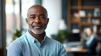 Obraz premium A confident man smiles in a modern office setting, exuding professionalism and approachability.