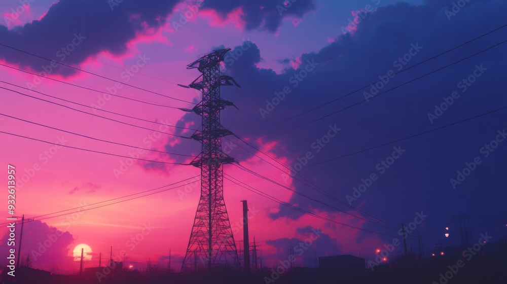 Poster detailed view of an electricity transmission tower at dusk, with power lines illuminated by the sett
