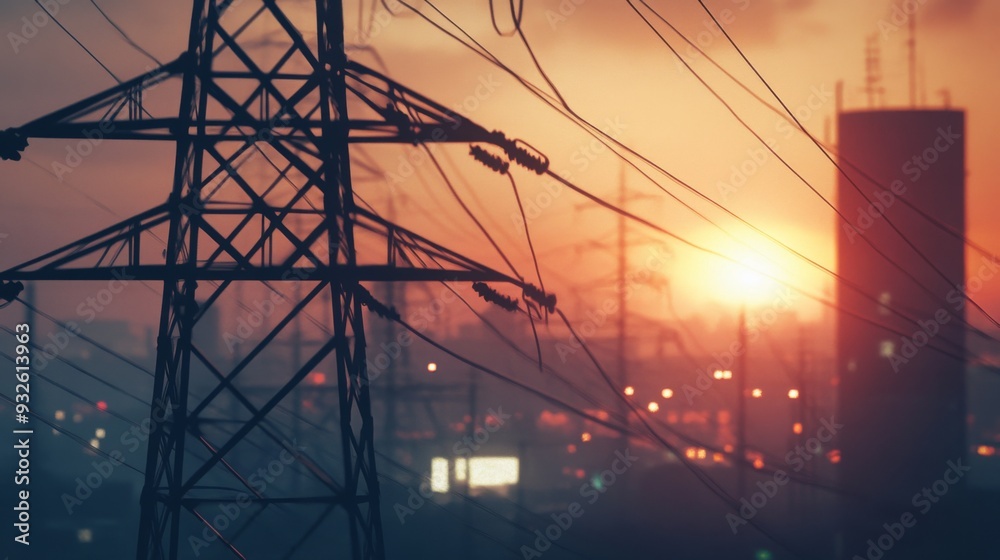 Poster detailed view of an electricity transmission tower at dusk, with power lines illuminated by the sett