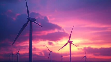 Detailed view of multiple wind turbines in a wind farm, with a focus on their tall towers and spinning blades, set against a dramatic sunset sky.