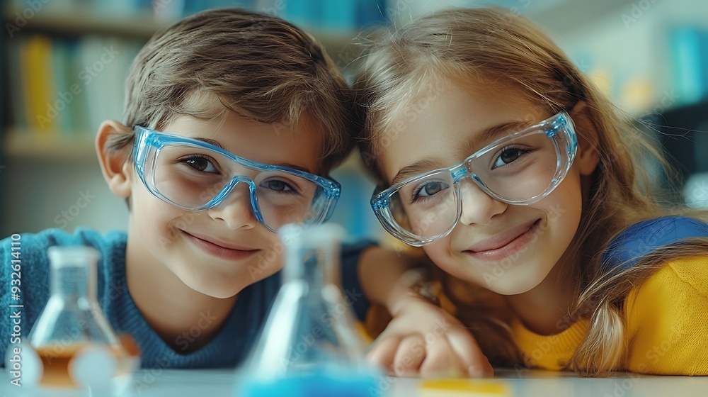 Poster science teacher and students in classroom with slime for experiment education and happy kid chemistr