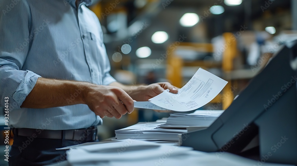 Aufkleber Exporting supervisor in charge of producing receipts for item administration tracking delivery and transportation requirements Manufacturing operator going over records for order submi : Generative AI