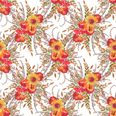 Seamless pattern with autumn bouquet with apple and sunflower. Watercolor hand-drawn orange leaves and berry on white background. Nature plant foliage. Halloween sticker or wallpaper and wrapping