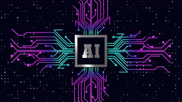 Animated of title circuit board with glowing lines in the center, AI technology, futuristic design. Suitable for tech related projects, digital concepts. Microchip internals, technology themed designs