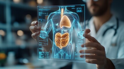 Medical worker holding hologram of a human body with human organs in concept of health Medical future technology and innovative conceptElevate healthcare with AI technology services : Generative AI