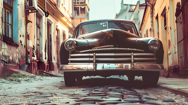 Vintage Car on a Timeless Cobblestone Street A Cinematic Retro Photography Experience