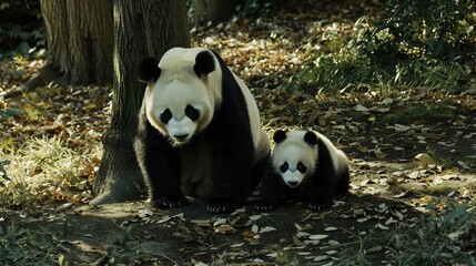 Obraz premium Wildlife scene featuring a giant panda and her cub in their natural habitat