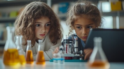Students learning in science classroom Focused young students experiment with chemicals using flasks and test tubes with microscope and laptop on clean white desk in classroom : Generative AI