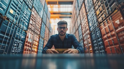Business man arranging stack of freight containers on his table in office Logistics freight transportation and trading worldwide Imports export and international distribution concept : Generative AI