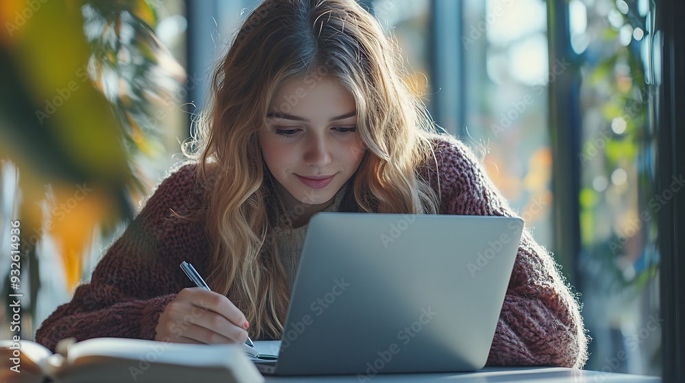 Aufkleber student laptop and portrait in classroom writing notes for college course test and campus work femal