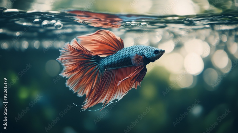 Poster High-definition shot of a Betta fish showcasing its unique fin patterns and vibrant colors, with gentle ripples in the water adding to the serene atmosphere.