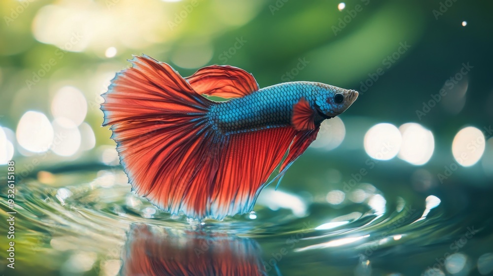 Poster High-definition shot of a Betta fish showcasing its unique fin patterns and vibrant colors, with gentle ripples in the water adding to the serene atmosphere.