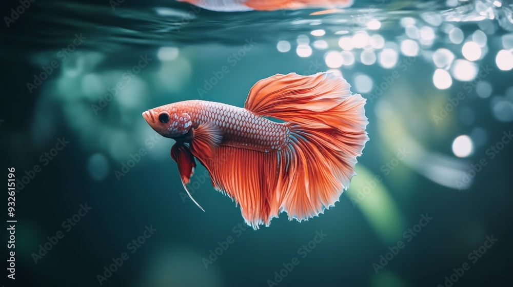 Poster High-definition shot of a Betta fish showcasing its unique fin patterns and vibrant colors, with gentle ripples in the water adding to the serene atmosphere.