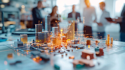 Business professionals planning a digital smart city model with futuristic technology