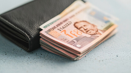 Obraz premium Close-up of a black wallet and a stack of euro banknotes on a light blue surface