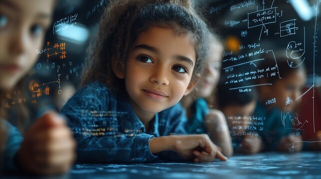 Image of mathematical equations over diverse schoolchildren writing Global education and digital interface concept digitally generated image : Generative AI - Powered by Adobe