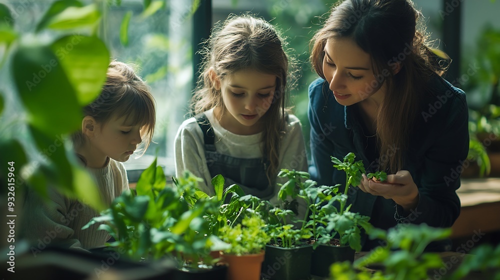 Poster science students and curious of plants children and teacher with container of sample of nature class