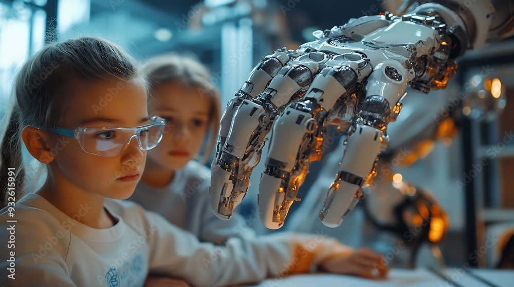 Poster smart boy and two talented girls making a presentation about a giant mechanical hand that moves on h